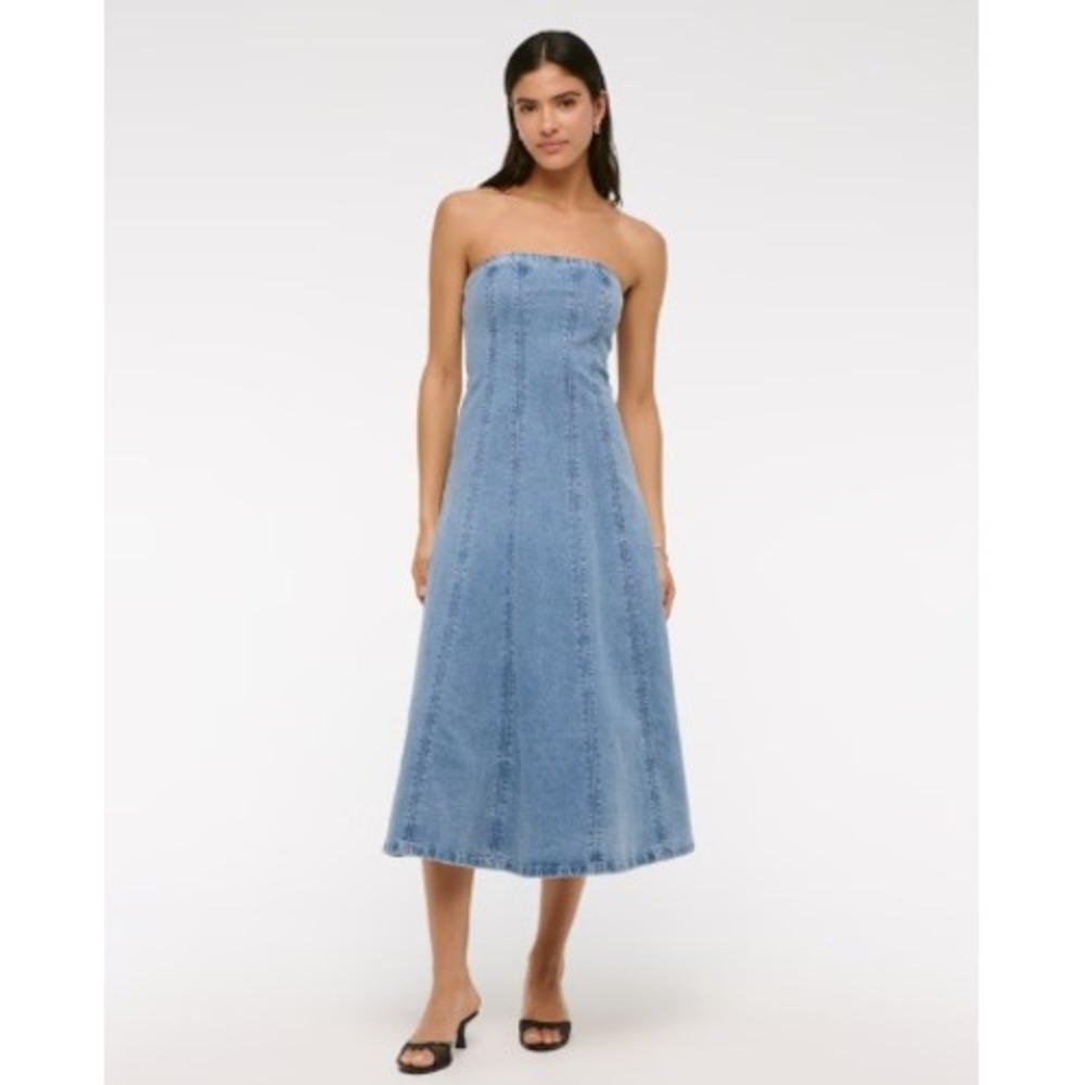 Abercrombie & Fitch Mila Strapless Denim Midi Dress Womens SZ Medium Minimal